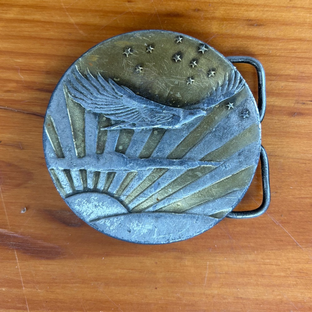 80’s Bergamot Brass vintage belt buckle brass and bronze sunrise eagle in flight
